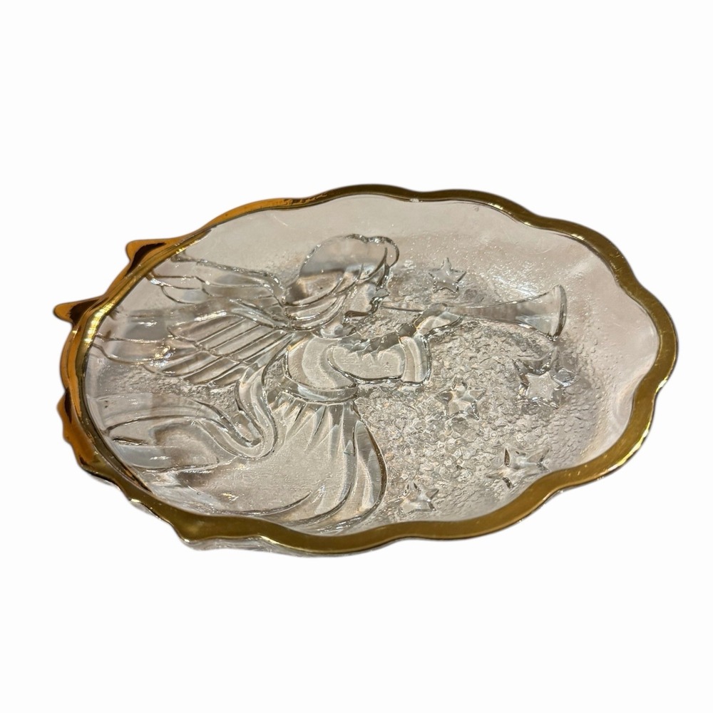 Vintage Clear Glass‎ Angel Trinket Dish Gold Rim Embossed Christmas Decor Oval